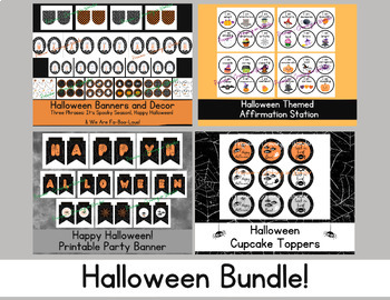 Preview of Bundle: Halloween Bulletin Board, Affirmations, Cupcake Toppers, Banner