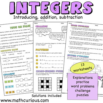 Preview of Bundle Integers introducing add subtract word problems challenge puzzles