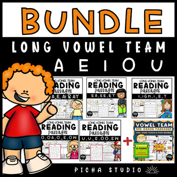 Preview of Bundle Long Vowel Team - Decodable Reading Passages A, E, I, O, U w/ Flashcard