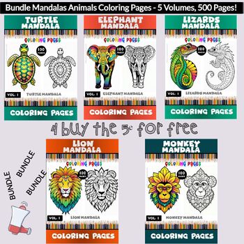 Preview of Bundle Mandalas Animals Coloring Pages - 5 Volumes, 500 Pages!