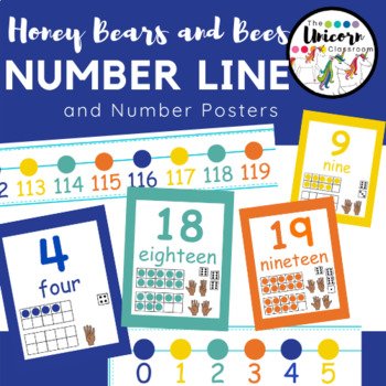 Preview of BUNDLE Number Posters and Number Line in Blue, Orange, Yellow, and Teal Colors