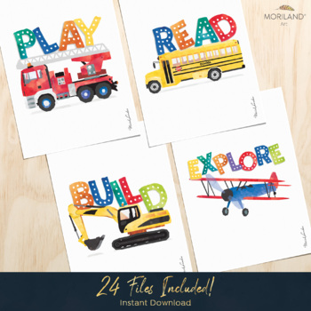 Preview of Bundle! PLAY, READ, EXPLORE, BUILD Signs for Classroom Décor