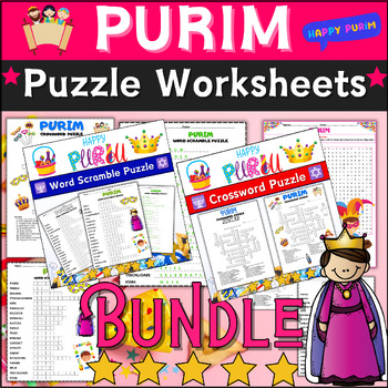 Preview of Bundle PURIM Activities: Crossword - Word Scramble -Word Search Puzzle Worksheet
