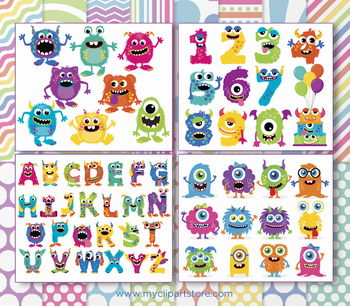 Preview of BIG BUNDLE - Monsters Clipart and Digital Papers, Rainbow Colors, Birthday Party