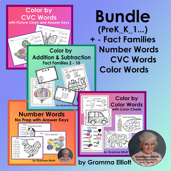 Preview of Color by Color Words, Number Words, CVC Words, Add and Sub Fact Families BUNDLE
