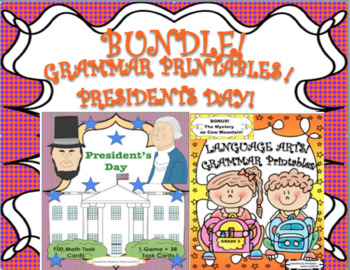 Preview of Bundle Presidents Day Math game Task cards and Grammar Printables FREE BONUS