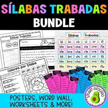 Preview of Bundle Sílabas Trabadas Spanish Syllables (Blends) Word Wall, Posters, Worksheet