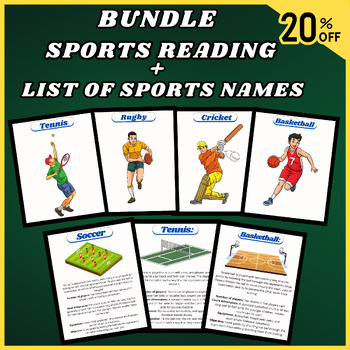 Preview of Bundle Sports Reading, List of Sports Names,  Flashcards, Sports, Activities