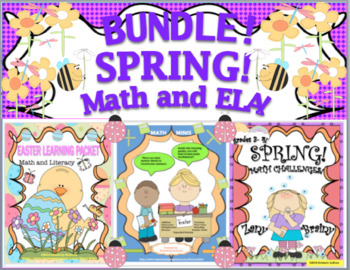 Preview of Bundle Spring Easter Math + ELA Task Cards Independent Workbook Google Slides!