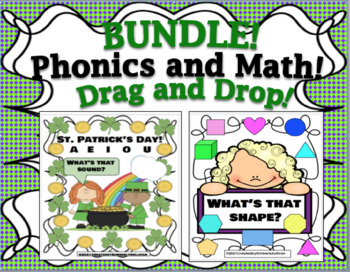 Preview of Bundle St. Patrick's Day Phonics + Shapes Math Google Slides Drag and Drop