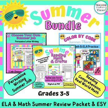 Preview of Summer Review Fun Packet Math Reading Comprehension & Writing 3rd 4th 5th Grade