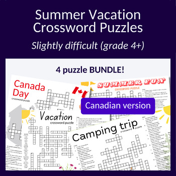 Preview of Bundle! 4x summer vacation crossword puzzles (Canadian audience). Grade 4+!