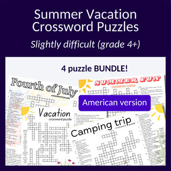 Preview of Bundle! 4x summer vacation crossword puzzles (U.S. audience). Grade 4+!