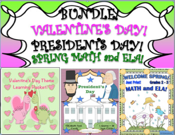 Preview of Bundle Valentine's Presidents Day + Spring ELA  Math! Game Task Cards Printables
