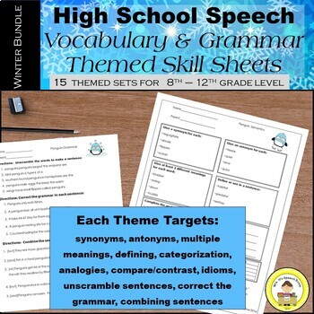 Preview of WINTER High School Speech Therapy  Vocabulary and Grammar Skill Sheets Bundle