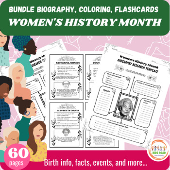 Preview of Bundle Women’s History Month , Coloring, Biography, Flashcards(K, 1st, 2nd grade