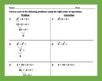 Preview of Bundle - Correcting Common Mistakes in Order of Operations - Worksheets I & II