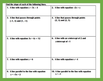 Bundle for Finding the Slope of a Line Slope and Intercepts Crossword