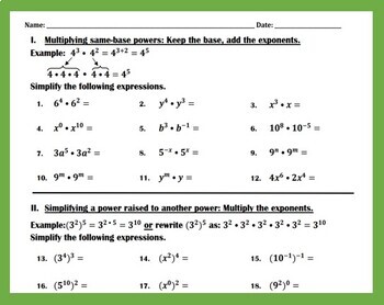 Preview of Bundle for Laws of Exponents Practice - Worksheets I and II
