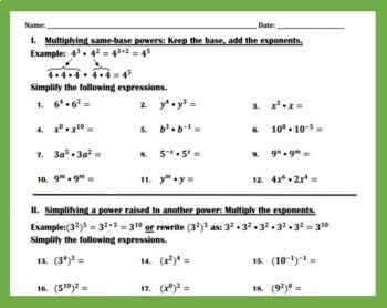 Preview of Bundle for Laws of Exponents Worksheets I and II, and Cross-Number Puzzle