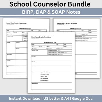Bundle for School Counselors, BIRP, DAP and SOAP Progress Notes, Google Doc