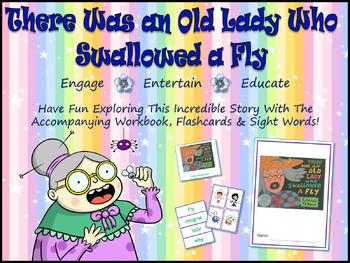 Preview of There Was an Old Lady Who Swallowed a Fly: Workbook, PPT, Flashcards!