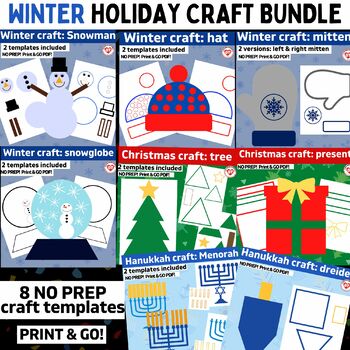 Preview of Bundle of 8 WINTER holiday crafts: OT color, cut glue craft templates: No prep!