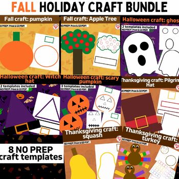 Preview of Bundle of 8 fall holiday crafts: OT color, cut glue craft templates: No prep!