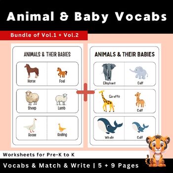 Preview of Bundle of The Animal & their baby Vocabs / Color Vocab cards & worksheet