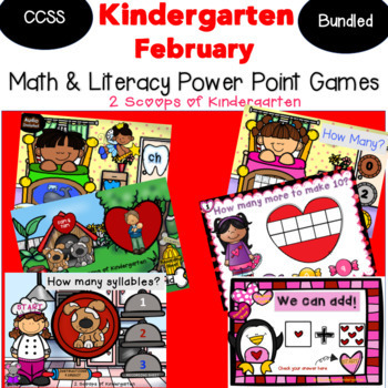 Preview of Bundled February Kindergarten Math & Literacy Power Point Games