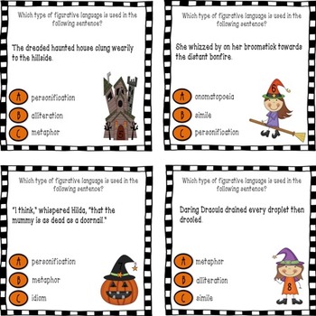 Halloween Figurative Language Task Cards and Halloween-Themed Paper Bundle