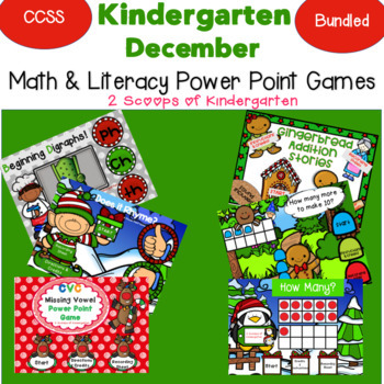Preview of Bundled Kindergarten December Math & Literacy Power Point Games