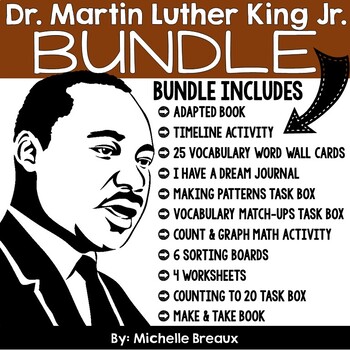 Preview of Bundled Martin Luther King Adapted Book, Word Wall, Task Boxes, & MORE!