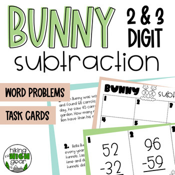 Preview of Bunny 2-Digit and 3-Digit Subtraction FREE -- Spring Task Cards & Word Problems