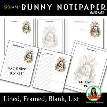 Preview of Bunny Editable Stationery,  Notepaper Pages, Digital Planner, Lined