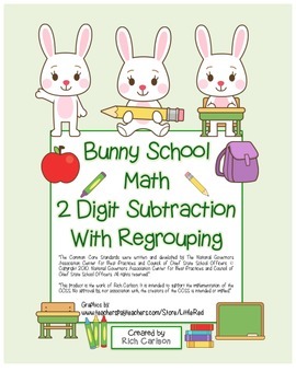 Preview of “Bunny School Math” 2 Digit Subtraction With Regrouping! (color & black line)