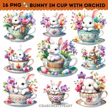 Preview of Bunny in Teacup with Orchid Flowers Clipart l Traditional Thai-scarf style