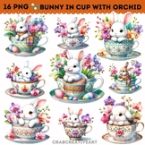 Bunny in Teacup with Orchid Flowers Clipart l Traditional 