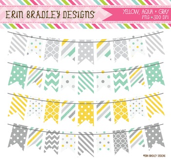 Bunting Clipart - Yellow Aqua Blue & Gray by Erin Bradley Designs