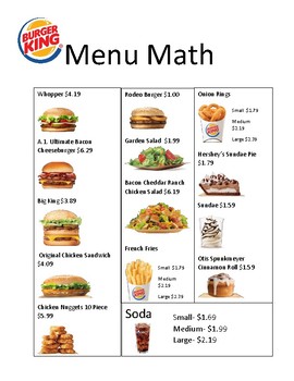 Burger King Menu Math by Lifeskills Connections With Mrs ...