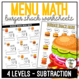 Burger Shack Menu Math Subtraction Worksheets