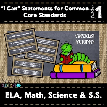 Preview of Burlap Chalk "I Can" Statements - First Grade -ELA, Math, Science & S.S.