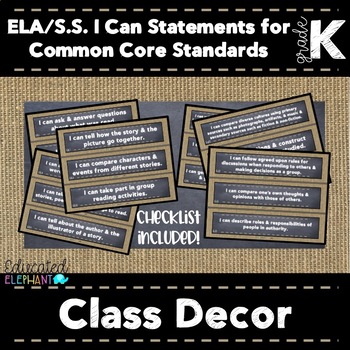 Preview of Burlap & Chalk Themed ELA & Social Studies I Can Statements - Common Core - K