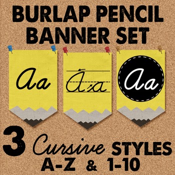 Preview of Burlap Pencil Banner Set - Cursive style