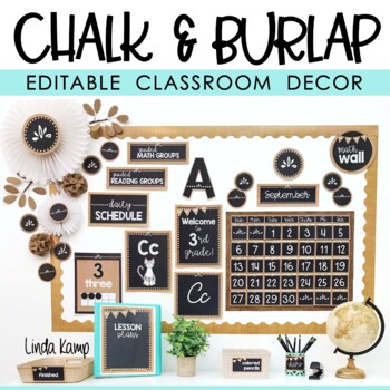Preview of Burlap and Chalkboard Farmhouse Classroom Decor Neutral Colors EDITABLE