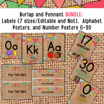 Preview of Burlap and Pennant Classroom Decor BUNDLE: Alphabet & Number Posters & Label