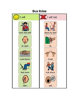 Preview of Bus Rules Visual Support "I Will, I Will Not" for Special Education, Autism FREE