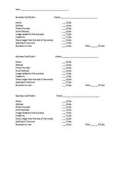 Business Card Rubric by Scott Burgard | Teachers Pay Teachers