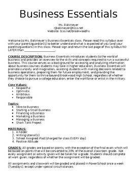 Preview of Business Essentials High School Syllabus EDITABLE