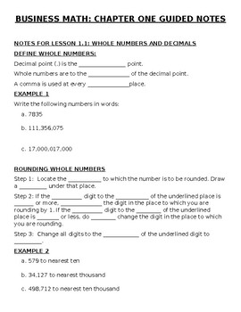 Preview of Business Math Lesson 1.1 Guided Notes